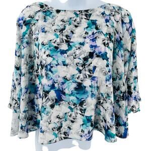 Sam Edelman Blue White Chiffon 3/4 Sleeve Oversized Slinky Swing Blouse Top XS